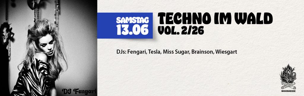 Sa.13.06. TECHNO IM WALD #2/26 in der Mossheide/Klangholz in Zwönitz
DJs: Fengari, Tesla, Miss Sugar, Brainson, Wiesgart
Beginn: 17.00 Uhr I Eintritt: EB.: 12,- €* VVK.: 14,- €* AK.: 18,- €
*zzgl. 2,-€ VVK-Gebühr